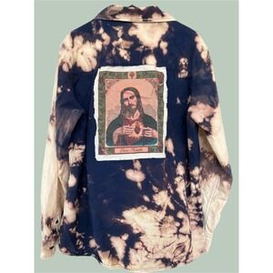 Love Heals Patchwork Jesus Flannel Bleach Dye Upcycled Folk Art Shirt Large